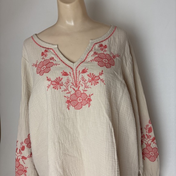 Belle Beach by Kim Gravel 2X Cotton Gauze Embroidered Peasant Top A691520 sand - Picture 2 of 14